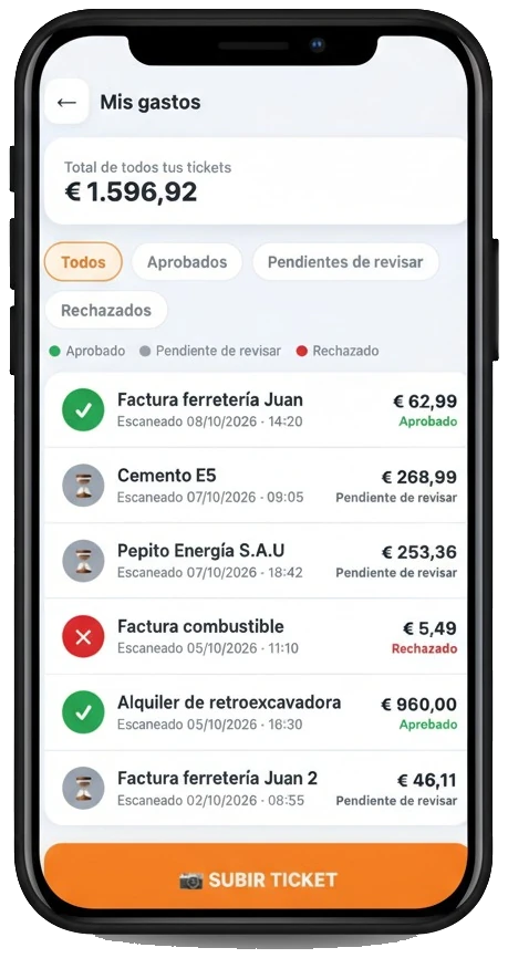 Mockup de la aplicación móvil KAPATAZ mostrando el listado de gastos y control financiero en tiempo real